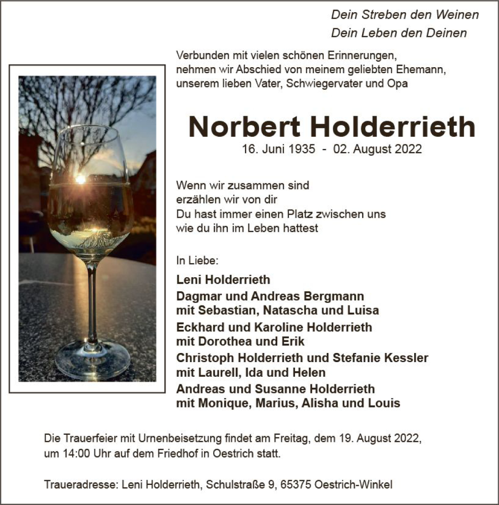  Traueranzeige für Norbert Holderrieth vom 13.08.2022 aus vrm-trauer Wiesbadener Kurier