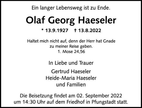 Traueranzeige von Olaf Georg Haeseler von vrm-trauer Darmstädter Echo