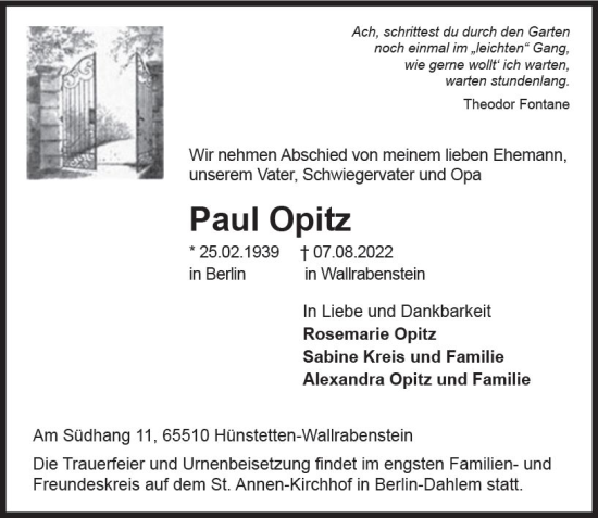 Traueranzeige von Paul Opitz von vrm-trauer Idsteiner Zeitung