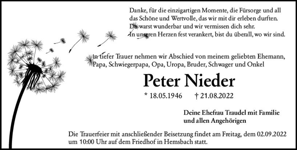  Traueranzeige für Peter Nieder vom 27.08.2022 aus vrm-trauer Darmstädter Echo