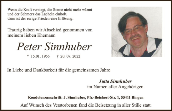 Traueranzeige von Peter Sinnhuber von vrm-trauer Allgemeine  Zeitung Ingelheim-Bingen