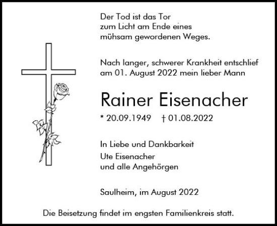 Traueranzeige von Rainer Eisenacher von vrm-trauer AZ Mainz