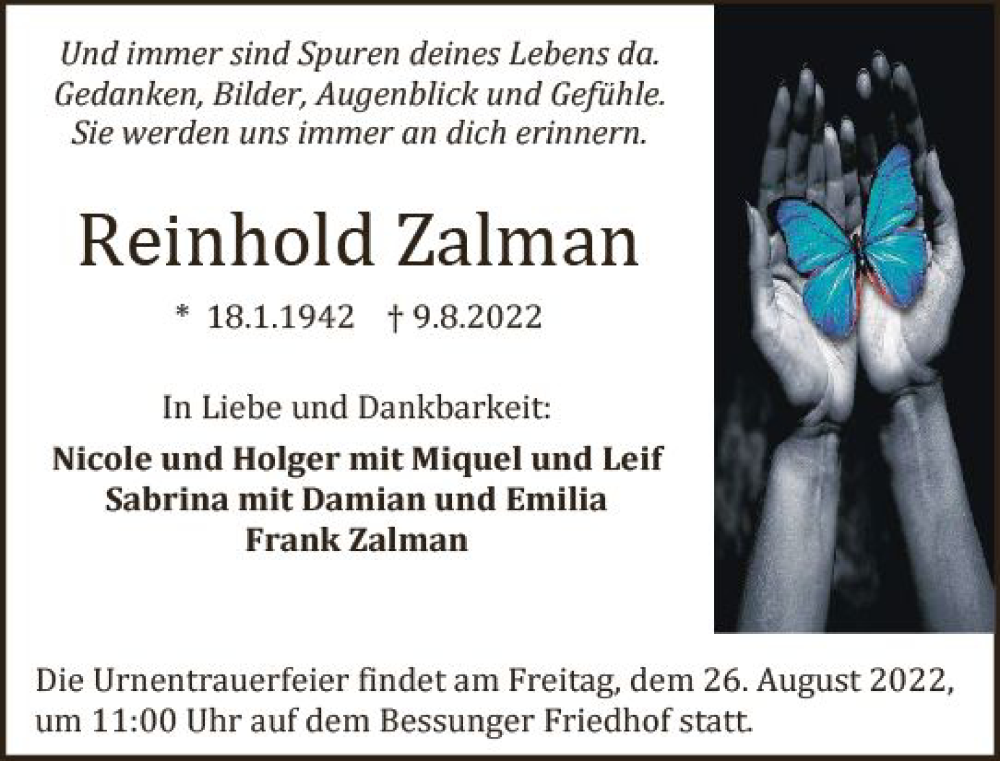  Traueranzeige für Reinhold Zalman vom 23.08.2022 aus vrm-trauer Darmstädter Echo