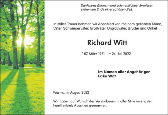 Traueranzeige von Richard Witt von vrm-trauer Wormser Zeitung