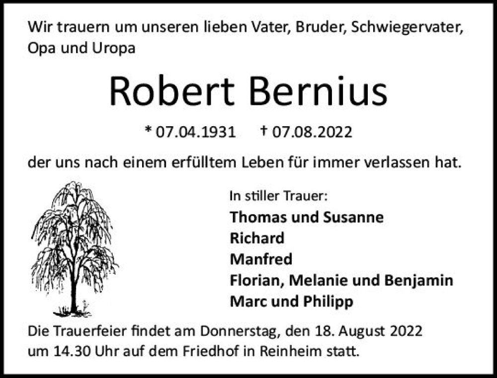  Traueranzeige für Robert Bernius vom 13.08.2022 aus vrm-trauer Darmstädter Echo