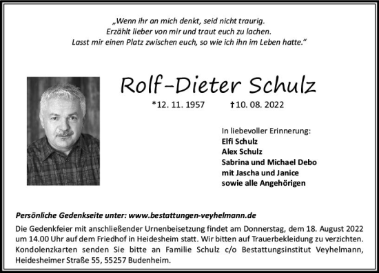 Traueranzeige von Rolf-Dieter Schulz von vrm-trauer AZ Mainz