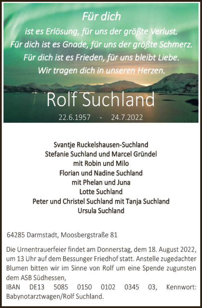  Traueranzeige für Rolf Suchland vom 06.08.2022 aus vrm-trauer Darmstädter Echo