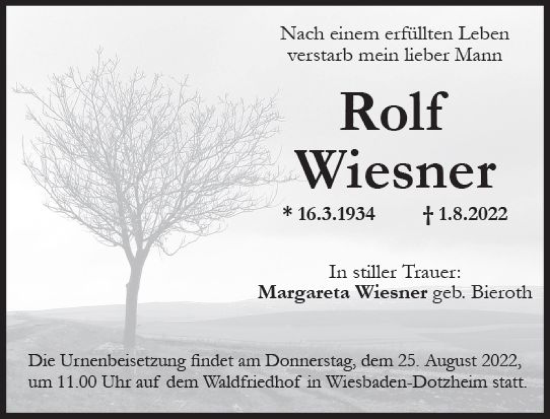 Traueranzeige von Rolf Wiesner von vrm-trauer Wiesbadener Kurier