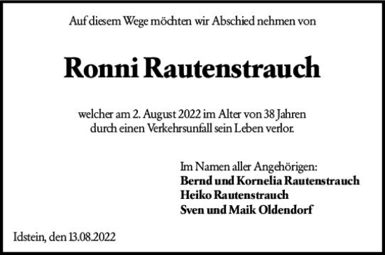 Traueranzeige von Ronni Rautenstrauch von vrm-trauer Idsteiner Zeitung
