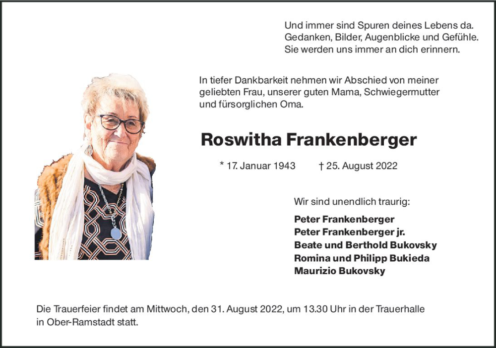  Traueranzeige für Roswitha Frankenberger vom 27.08.2022 aus vrm-trauer Darmstädter Echo