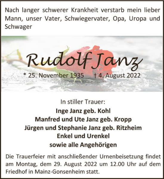 Traueranzeige von Rudolf Janz von vrm-trauer AZ Mainz