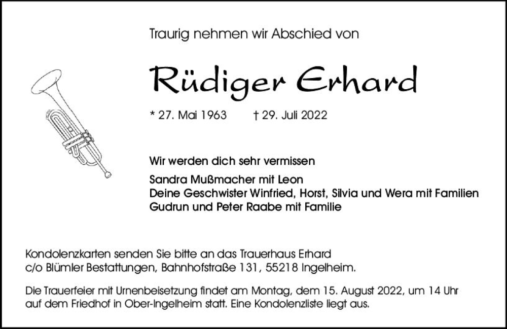 Traueranzeige für Rüdiger Erhard vom 06.08.2022 aus vrm-trauer Allgemeine  Zeitung Ingelheim-Bingen