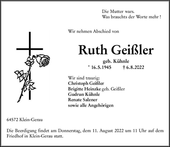 Traueranzeige von Ruth Geißler von vrm-trauer Groß-Gerauer Echo
