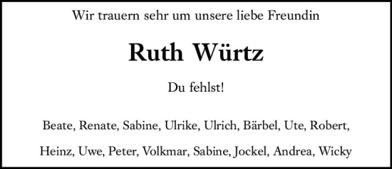 Traueranzeige von Ruth Würtz von vrm-trauer Wormser Zeitung