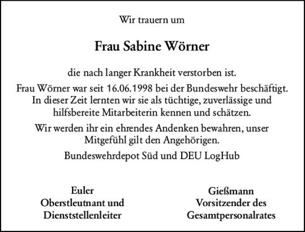  Traueranzeige für Sabine Wörner vom 05.08.2022 aus vrm-trauer Odenwälder Echo
