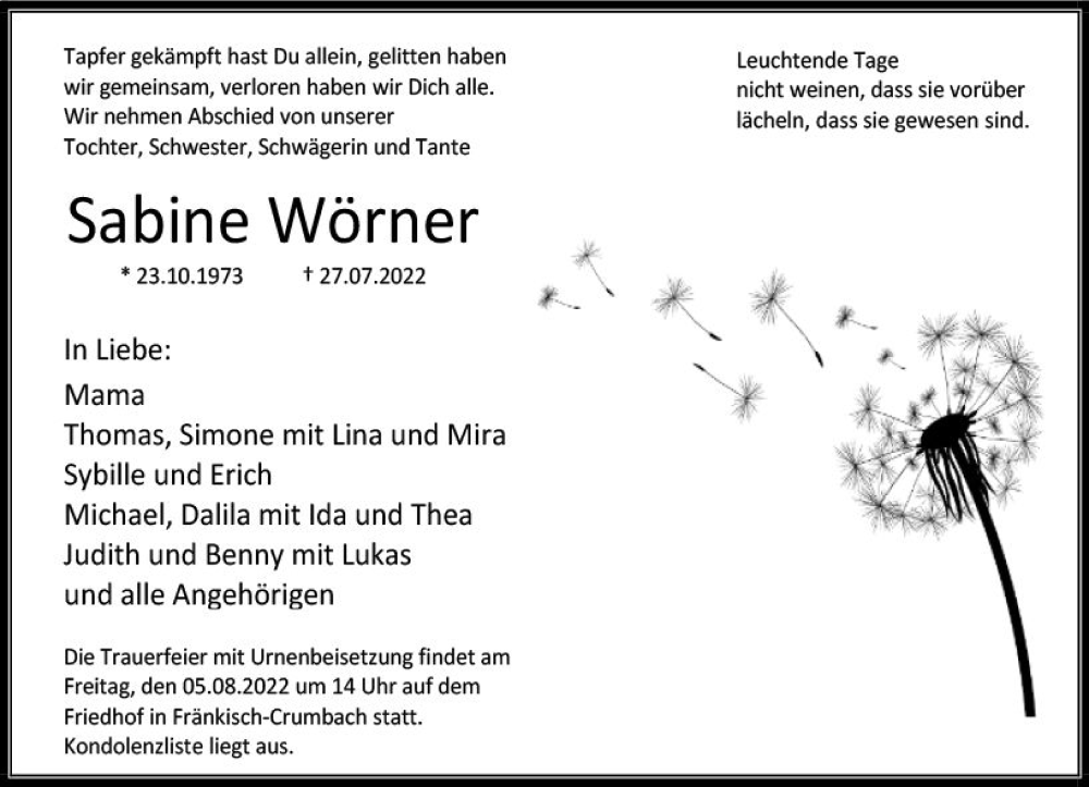  Traueranzeige für Sabine Wörner vom 03.08.2022 aus vrm-trauer Odenwälder Echo