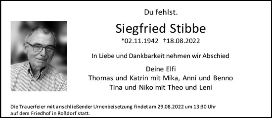Traueranzeige von Siegfried Stibbe von vrm-trauer Darmstädter Echo