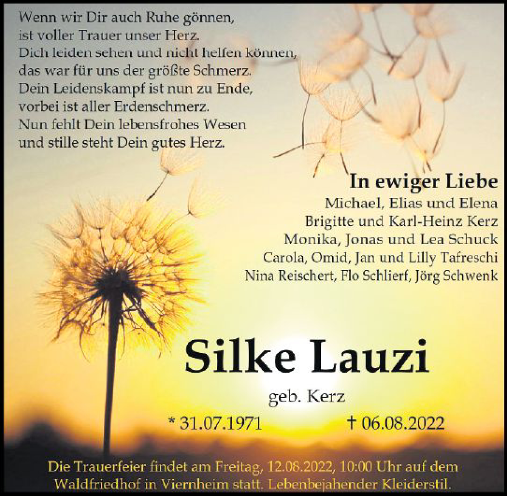  Traueranzeige für Silke Lauzi vom 11.08.2022 aus vrm-trauer DieburgerAnzeiger/Groß-Zimmerner Lokala