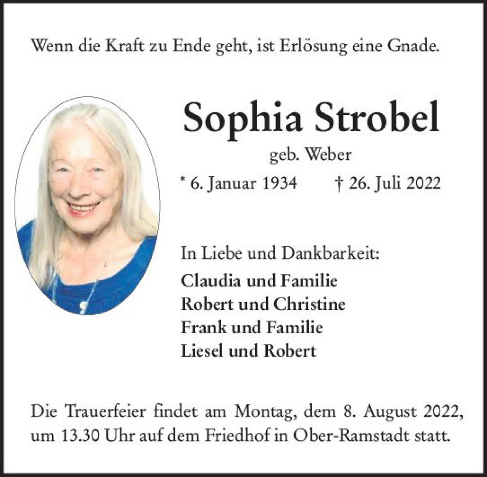  Traueranzeige für Sophia Strobel vom 06.08.2022 aus vrm-trauer DieburgerAnzeiger/Groß-Zimmerner Lokala