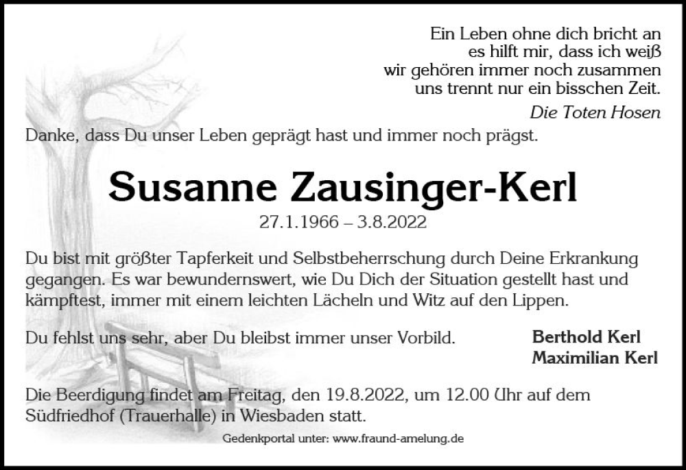  Traueranzeige für Susanne Zausinger-Kerl vom 13.08.2022 aus vrm-trauer Wiesbadener Kurier
