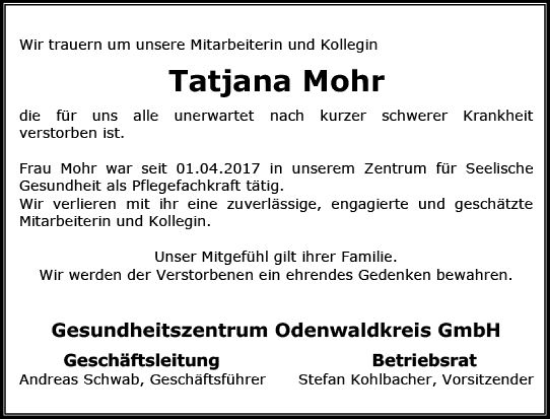 Traueranzeige von Tatjana Mohr von vrm-trauer Odenwälder Echo