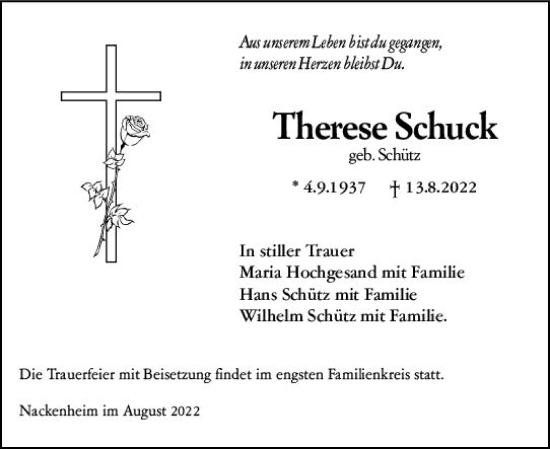 Traueranzeige von Therese Schuck von vrm-trauer AZ Mainz