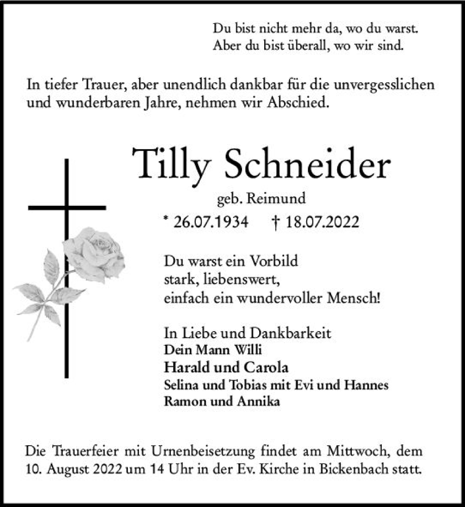  Traueranzeige für Tilly Schneider vom 06.08.2022 aus vrm-trauer Darmstädter Echo