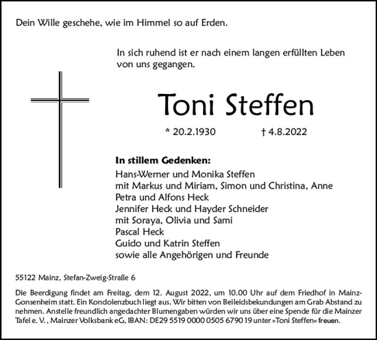 Traueranzeige von Toni Steffen von vrm-trauer AZ Mainz