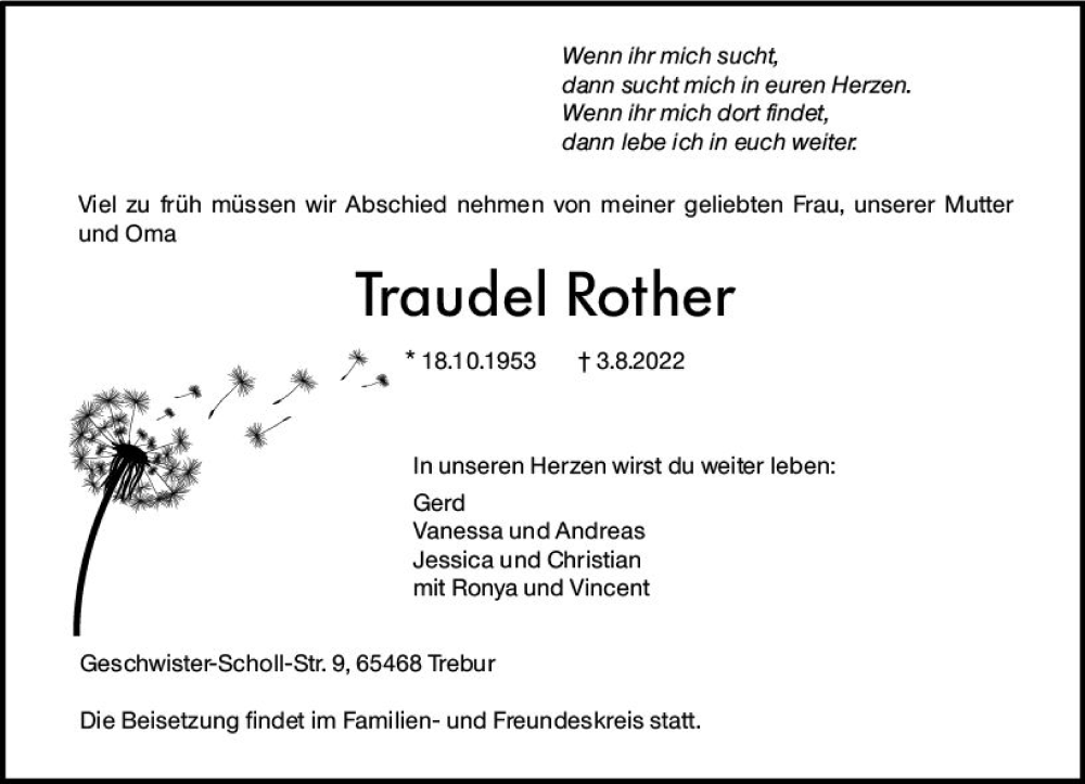  Traueranzeige für Traudel Rother vom 06.08.2022 aus vrm-trauer Rüsselsheimer Echo / MainSpitze