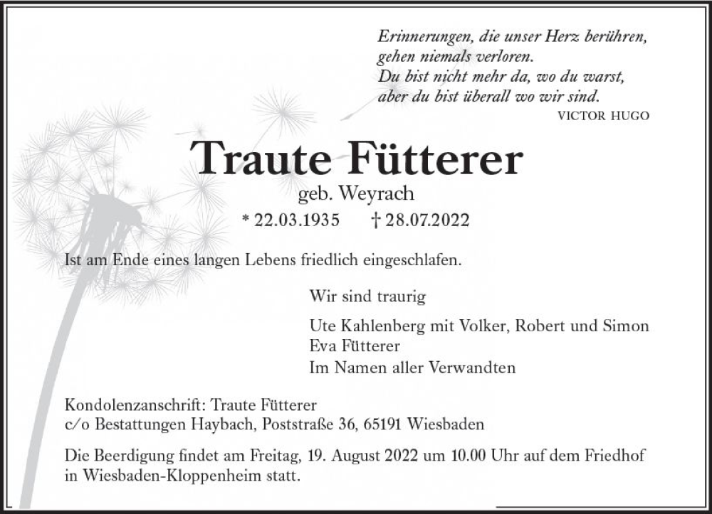  Traueranzeige für Traute Fütterer vom 13.08.2022 aus vrm-trauer Wiesbadener Kurier