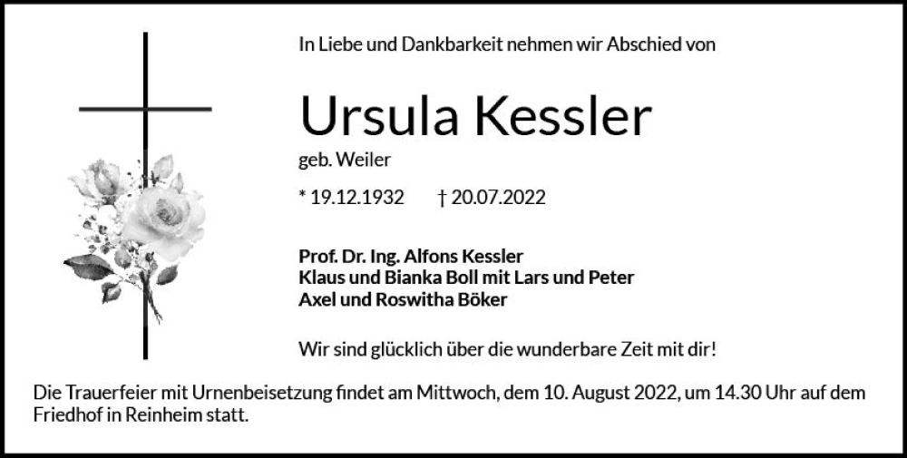  Traueranzeige für Ursula Kessler vom 06.08.2022 aus vrm-trauer Darmstädter Echo