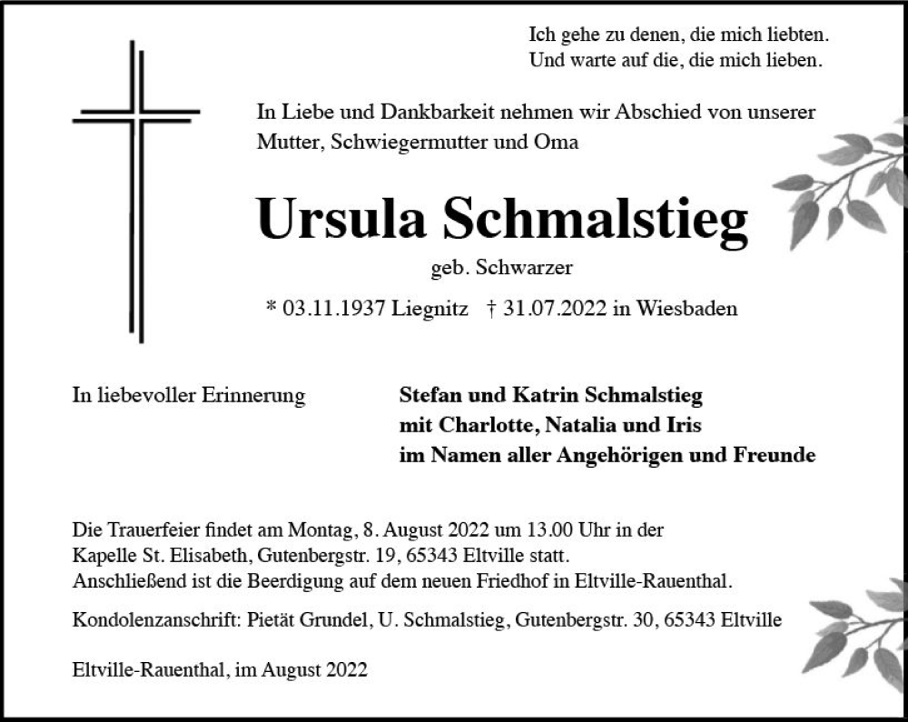 Traueranzeige für Ursula Schmalstieg vom 03.08.2022 aus vrm-trauer Rheingau