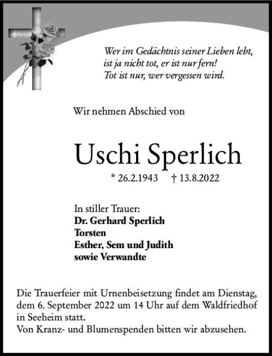 Traueranzeige von Uschi Sperlich von vrm-trauer Bergsträßer Anzeiger