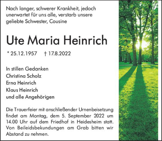 Traueranzeige von Ute Maria Heinrich von vrm-trauer Allgemeine  Zeitung Ingelheim-Bingen