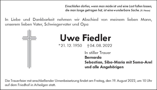 Traueranzeige von Uwe Fiedler von vrm-trauer Darmstädter Echo