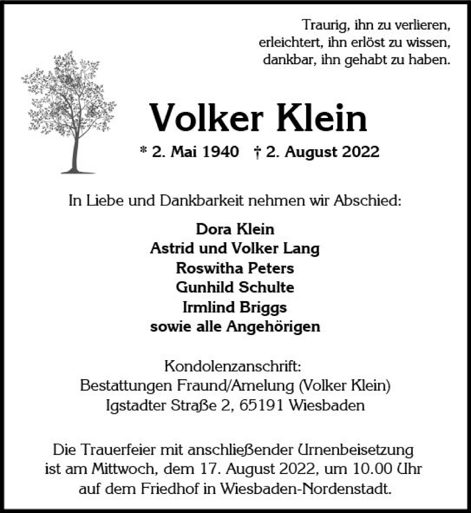  Traueranzeige für Volker Klein vom 06.08.2022 aus vrm-trauer Wiesbadener Kurier