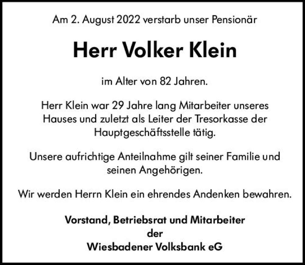  Traueranzeige für Volker Klein vom 13.08.2022 aus vrm-trauer Wiesbadener Kurier