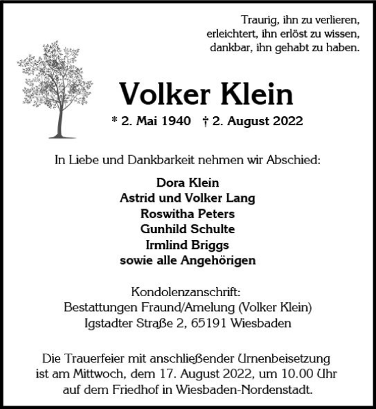 Traueranzeige von Volker Klein von vrm-trauer Wiesbadener Kurier