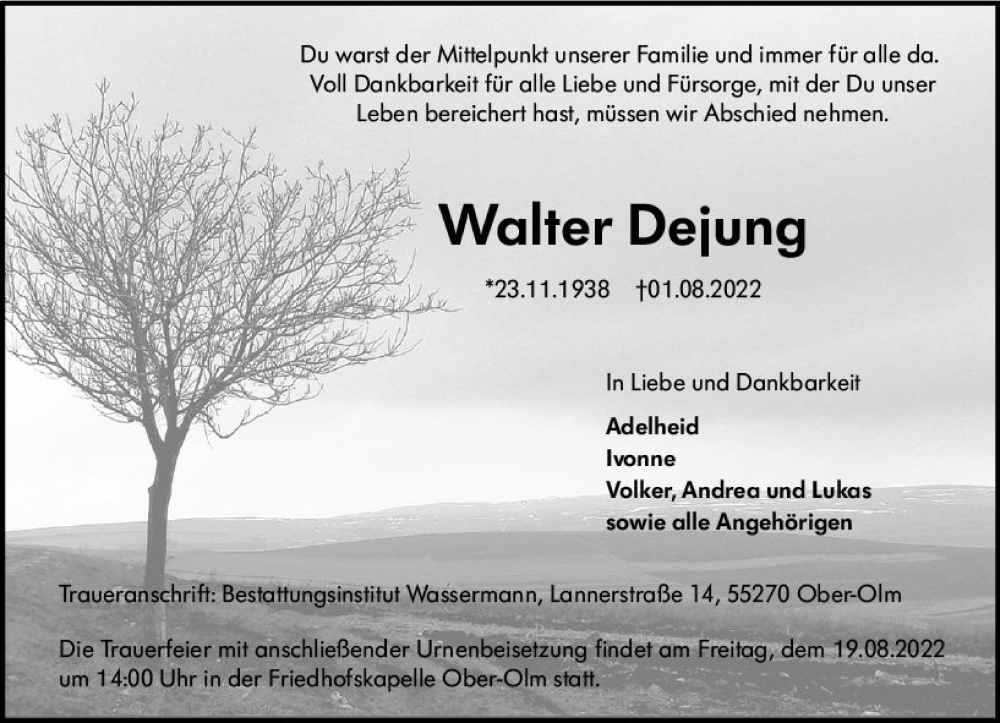  Traueranzeige für Walter Dejung vom 13.08.2022 aus vrm-trauer AZ Mainz