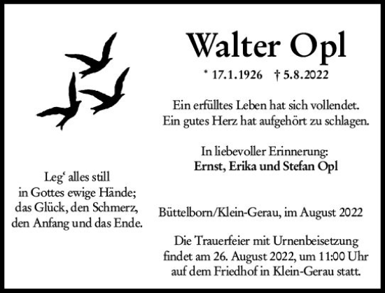 Traueranzeige von Walter Opl von vrm-trauer Groß-Gerauer Echo