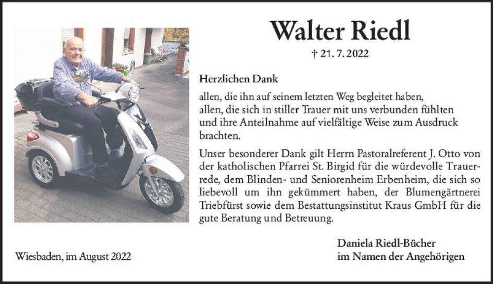 Traueranzeige für Walter Riedl vom 27.08.2022 aus vrm-trauer Wiesbadener Kurier