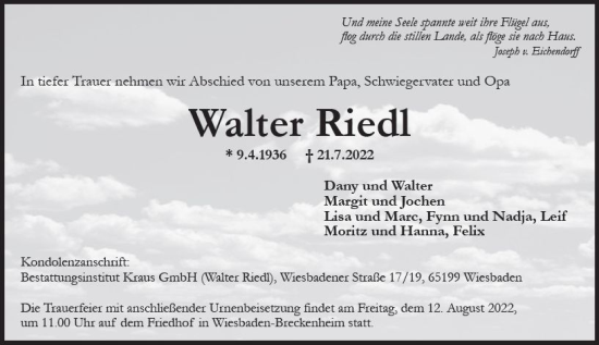 Traueranzeige von Walter Riedl von vrm-trauer Wiesbadener Kurier