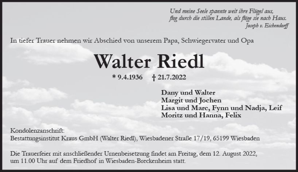  Traueranzeige für Walter Riedl vom 06.08.2022 aus vrm-trauer Wiesbadener Kurier