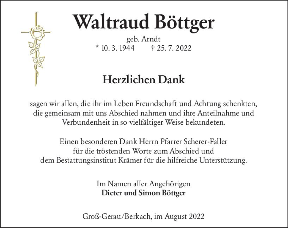  Traueranzeige für Waltraud Böttger vom 20.08.2022 aus vrm-trauer Groß-Gerauer Echo