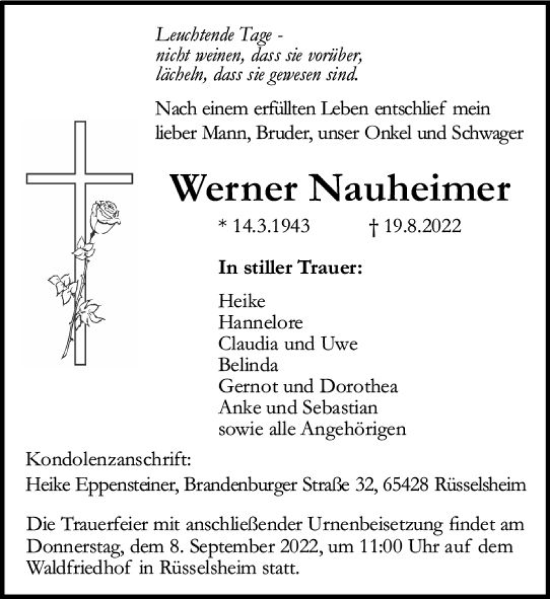 Traueranzeige von Werner Nauheimer von vrm-trauer Rüsselsheimer Echo / MainSpitze