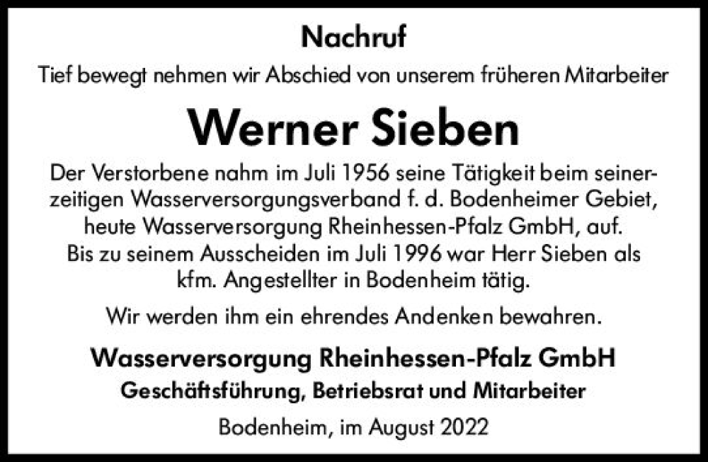  Traueranzeige für Werner Sieben vom 12.08.2022 aus vrm-trauer AZ Mainz