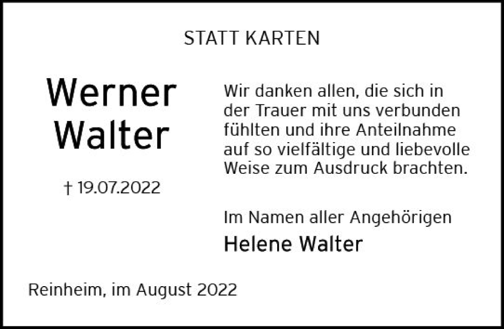  Traueranzeige für Werner Walter vom 27.08.2022 aus vrm-trauer Darmstädter Echo