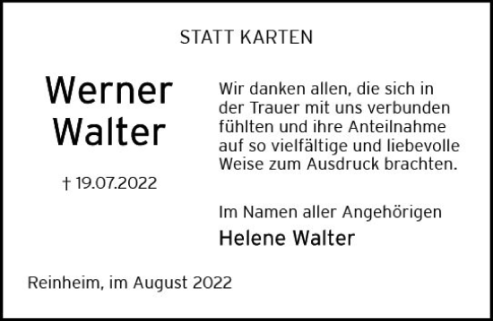 Traueranzeige von Werner Walter von vrm-trauer Darmstädter Echo