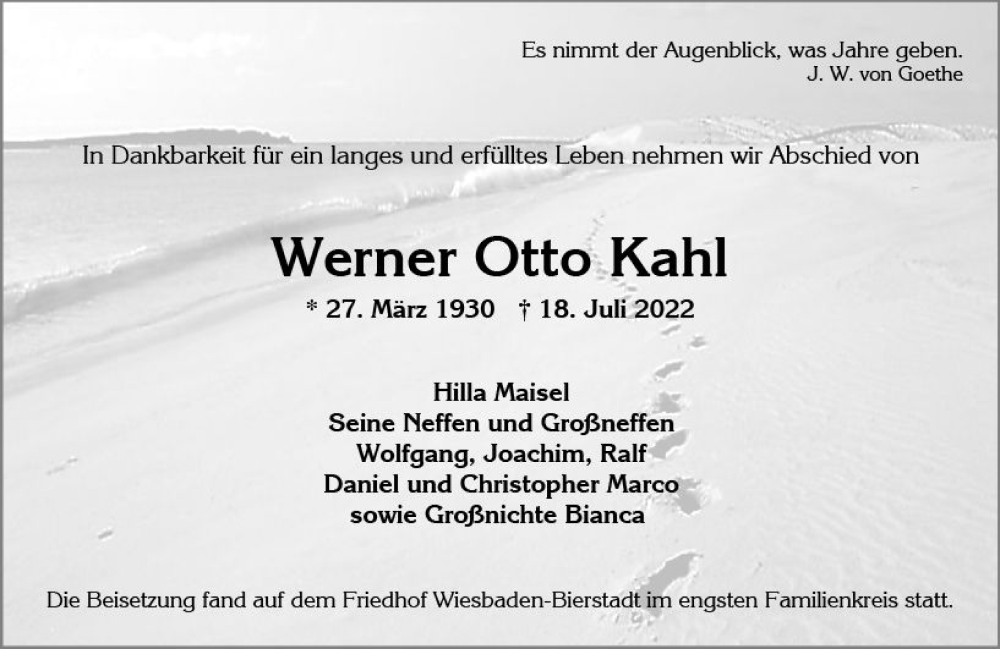  Traueranzeige für Werner Otto Kahl vom 06.08.2022 aus vrm-trauer Darmstädter Echo