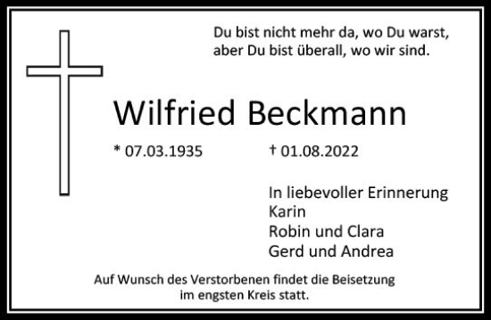 Traueranzeige von Wilfried Beckmann von vrm-trauer Wiesbadener Kurier